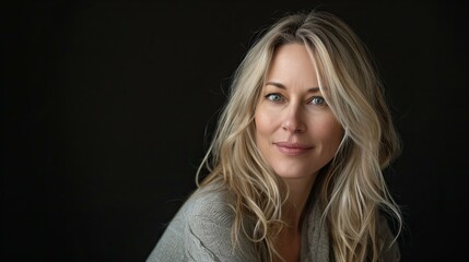 studio portrait of a beautiful, mature, middle aged woman isolated on background with copy space