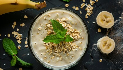 Canvas Print - Healthy breakfast with oatmeal mint and banana smoothie