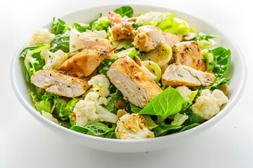 Wall Mural - Healthy Caesar salad with chicken brussel sprouts and cauliflower in a white bowl photographed from the front