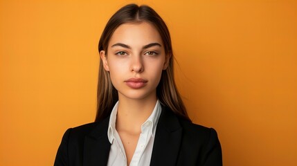 Wall Mural - studio photo of an attractive, young businesswoman, model in black jacket a and white shirt isolated on yellow with copy space