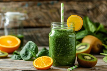 Wall Mural - Healthy green smoothie with spinach kiwi bananas and oranges served in a jar with green straws on a wooden table focusing on the drink