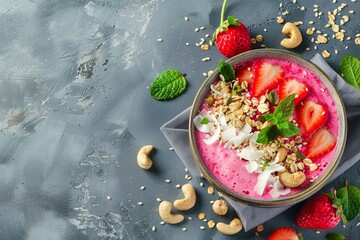 Sticker - Healthy smoothie bowls with pitaya cashew coconut muesli and strawberry on gray background Empty area