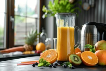 Canvas Print - Healthy smoothie ingredients on table with blender