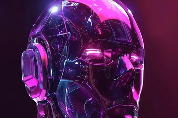 Sticker - Futuristic neonlit robotic head with a sleek reflective surface set against a dark magenta background highlighting advanced technology and cybernetic aesthetics