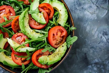 Poster - Healthy vegan salad with avocado tomato and arugula Top down view