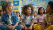 © Johannes - Group of small nursery school children sitting and listening to teacher on floor indoors in classroom, their eyes following her every move as she demonstrates a simple science experiment.