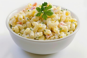 Sticker - Homemade macaroni salad on white background