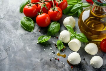 Poster - Ingredients for caprese salad mozzarella tomatoes basil olive oil balsamic vinegar on concrete