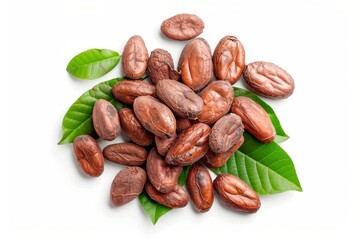 Wall Mural - Isolated cocoa beans and leaves on white background