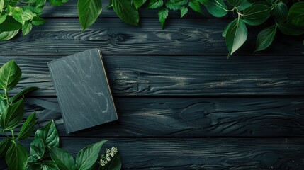 Canvas Print - Office flat lay with notebook on black wooden surface and green leaves seen from above