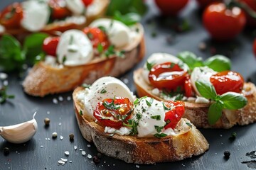 Canvas Print - Italian appetizer with roasted tomatoes mozzarella garlic and herbs