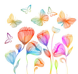 Wall Mural - Line colored flowers with butterflies. hand drawing. Not AI, Vector illustration