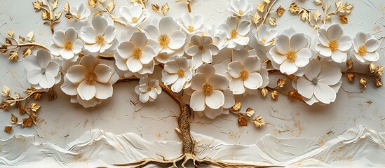 Wall Mural - Tree with white flowers, gold leaves on a light background, elegant 3D wallpaper in relief sculpture style.