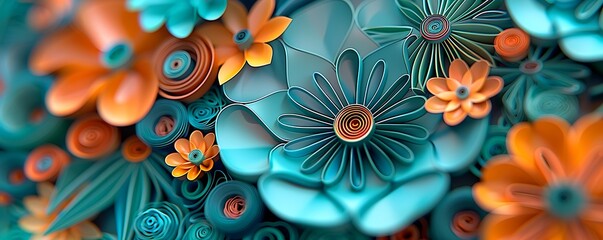 Wall Mural - Ultra-detailed 3D render of abstract paper quilled flowers in vibrant teal and orange.