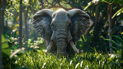 Wall Mural - An elephant statue surrounded by green grass stands tall in the sun