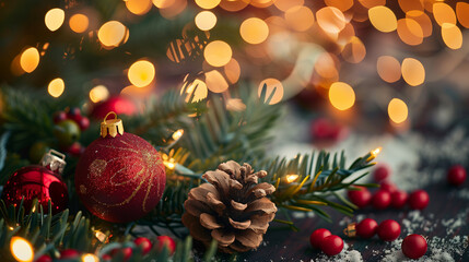 Christmas tree with red decoration and pine cones