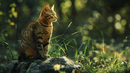 Wall Mural - A cat on the stone near a hidden glade