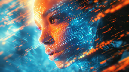 Futuristic Cybernetic Girl Profile with Digital Code Overlay and Bokeh Lights