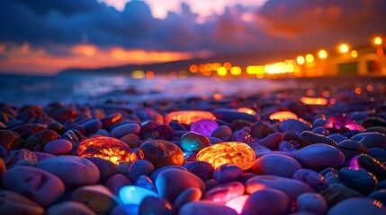 vibrant glowing pebbles on the beach at night, illuminated by warm lights against a dark sky, with a