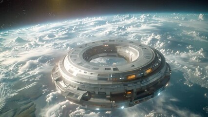 Poster - An illustration depicting a futuristic space hotel orbiting Earth, showcasing its luxury amenities and offering a breathtaking view of our planet.