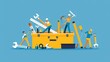© Damerfie - An illustration depicting people actively working with various tools around a large yellow toolbox, emphasizing teamwork, utility, and cooperation in a construction setting.