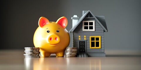 Wall Mural - Yellow piggy bank with house model and coins, mortgage savings and home ownership concept