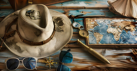 Sticker - A stylish display of a hat, compass, sunglasses, and a map on a wooden table. The wood adds an artistic touch to this collection of travel essentials