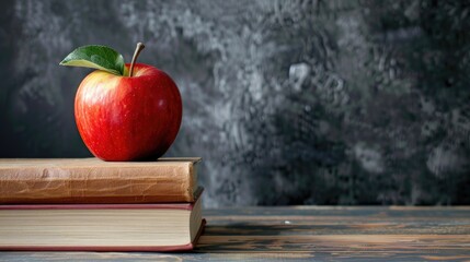 Wall Mural - Return to academia Educational setting with books and apple on chalkboard