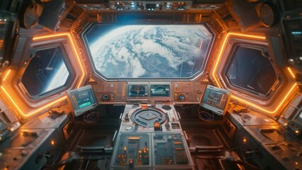Poster - A futuristic spacecraft control room with multiple monitors and a large window offering a stunning view of Earth.