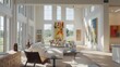 © Salman - suburban farmhouse with a contemporary art collection displayed in a bright, airy living room with large windows and high ceilings