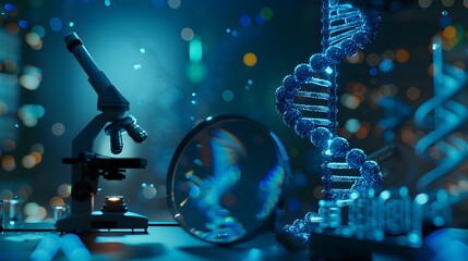 A close up of a DNA double helix and microscope in a lab background with digital data flowing icons, depicting a futuristic concept of medical research. The DNA double helix.