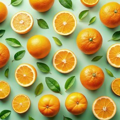 Wall Mural - Fresh Oranges and Green Leaves on a Light Green Background. Generative AI