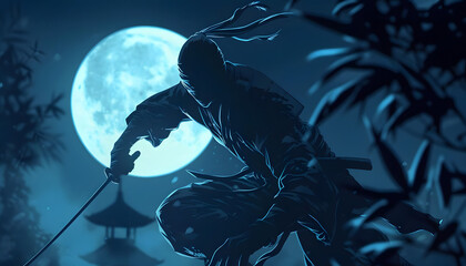 Icon of the stealthy ninja warrior poised for action in moonlit shadows ar7 4 Generative AI