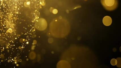 Poster - Golden glitter and bokeh light particles float in front of a black background.