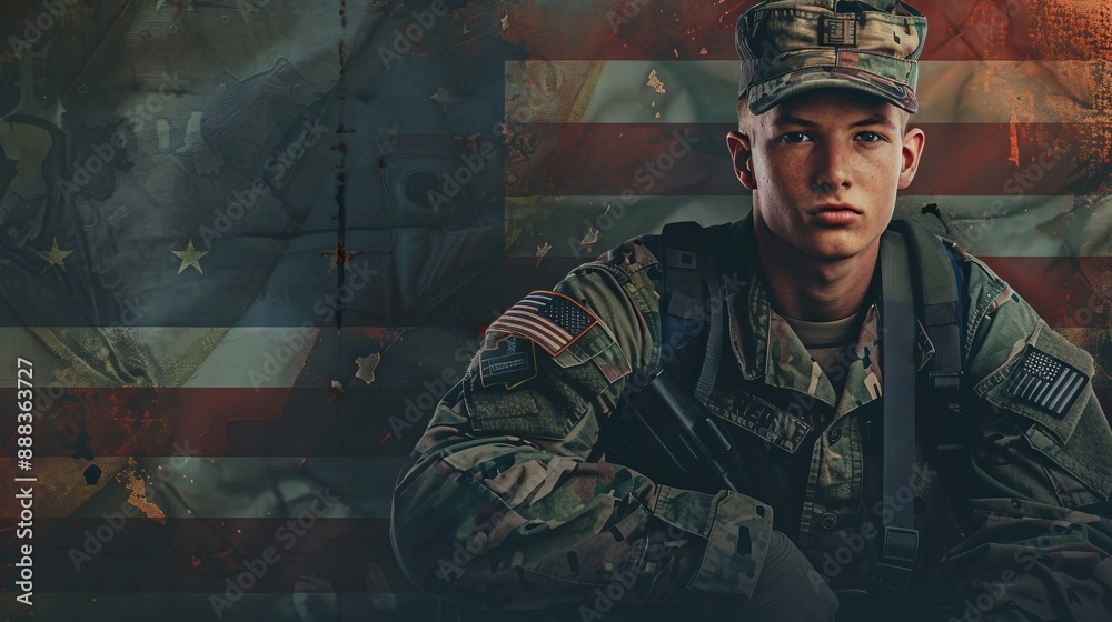 A young soldier in uniform poses solemnly with an American flag in the ...