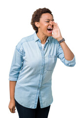 Sticker - Young beautiful african american woman over isolated background shouting and screaming loud to side with hand on mouth. Communication concept.