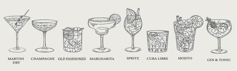 Beautiful hand drawn collection of drinks and cocktails - vector illustration