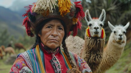 Quechua women in traditional clothes with llamas and alpaca.