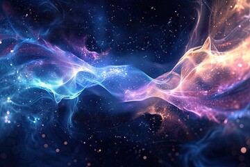 Poster - Vibrant cosmic nebulae, glowing ethereal energy, background showcasing the concept of wave-particle duality