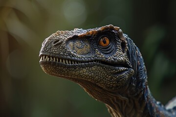 Naklejka na meble Piercing amber-eyed, scaly-textured dinosaur, close-up portrait of fearsome Velociraptor