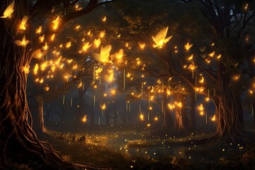 Aufkleber - Enchanting, luminescent forest scene, cluster of fireflies creating magical evening glow