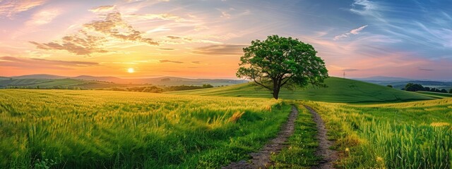 Poster - Sunset Over a Rolling Green Field with a Lone Tree