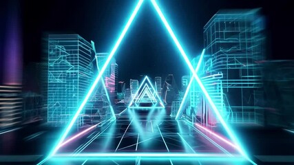 Fototapete - A glowing blue neon triangle pathway stretches into the distance, lined by wireframe buildings of a futuristic cityscape.