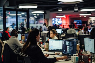 Aufkleber - Busy office space, working professionals, diverse newsroom buzzing with activity, journalists collaborating to inform the world
