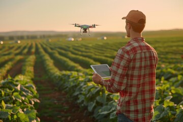 Farmer using digital tablet is controlling drone flight over soybean field