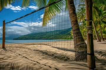 Tropical beach volleyball net, foot volley net on tropical beach with palm trees