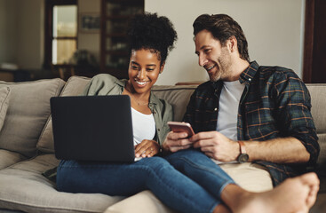 Poster - Couple, relax and internet with technology on sofa for social media, streaming subscription and online shopping for apartment. Man, woman and together in home with laptop, smartphone and connectivity