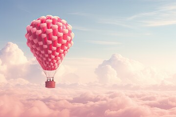 Poster - Heart-shaped, pink hot air balloon, hot air balloon shaped like strawberry floating over pastel sky