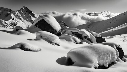 Sticker - black and white photo of rocks amidst snow creating a stark contrast in texture and color