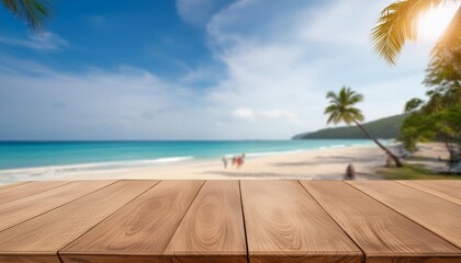 Wall Mural - wood table top and blurred summer beach and sky background can used for display or montage your products